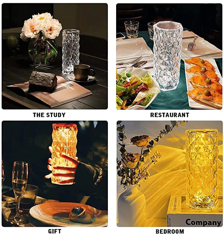 Luxe Kristall Tischlampe, die eine romantische Atmosphäre schafft.