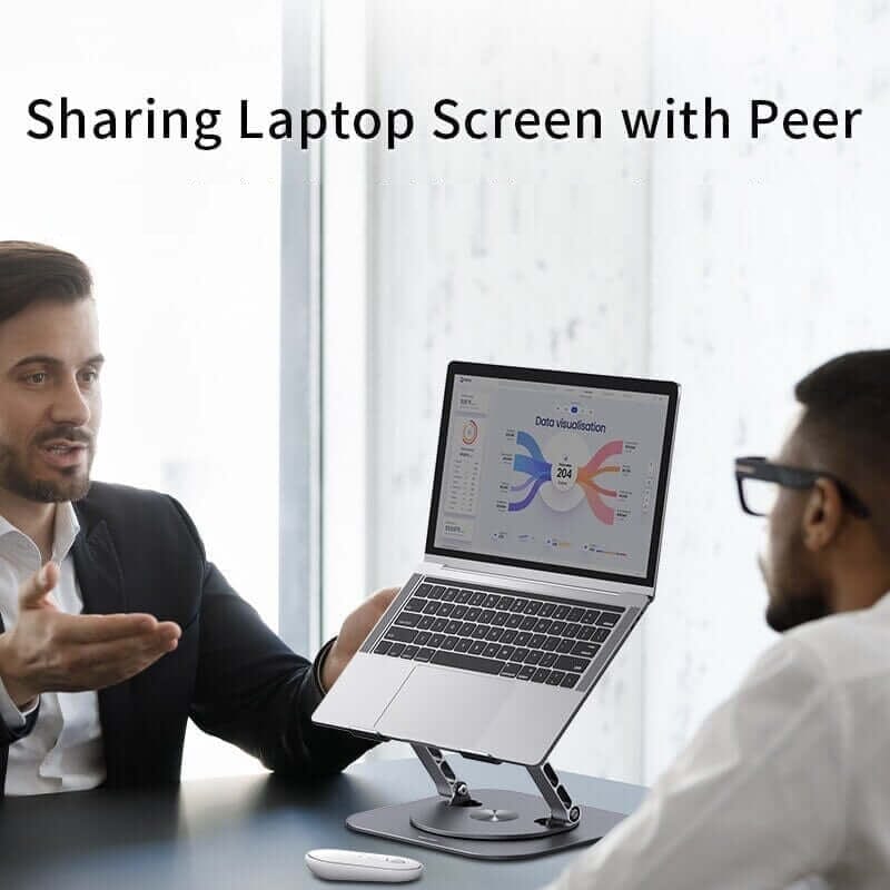 Zwei Männer teilen sich einen Laptop-Bildschirm mit einem drehbaren Ständer.