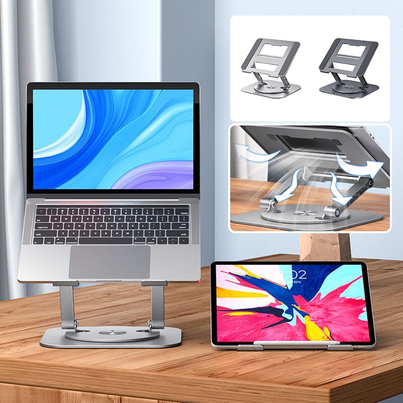 Laptop und Tablet auf höhenverstellbaren Ständern auf einem Holztisch.