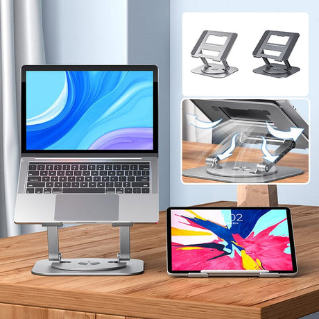 Laptop und Tablet auf höhenverstellbaren Ständern auf einem Holztisch