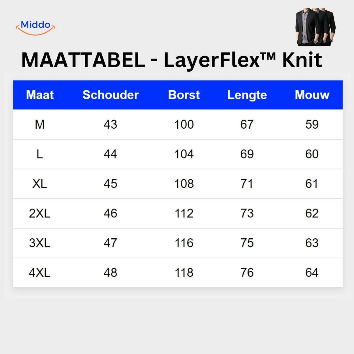 layerflex strick 2 in 1 Hemd slim Aussehen Komfort Maßtabelle