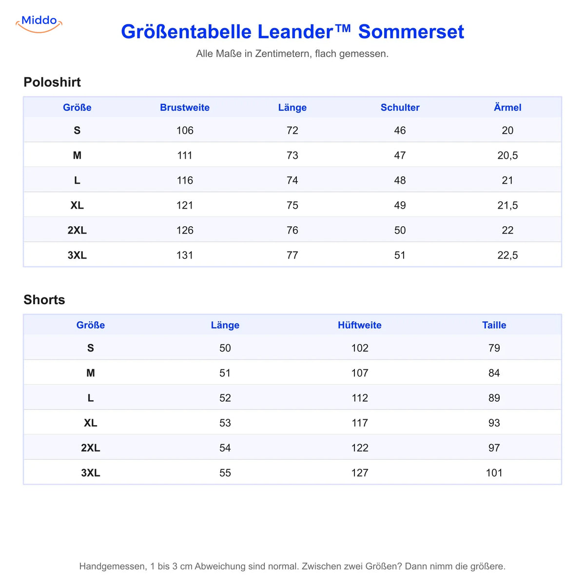 Größentabelle Leander Sommerset