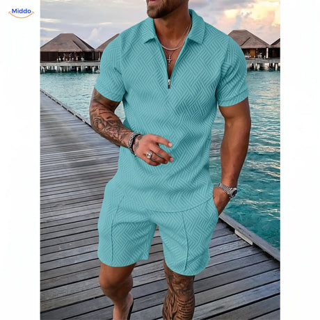 Leander Sommerset Herren Poloshirt und Shorts pfauenblau