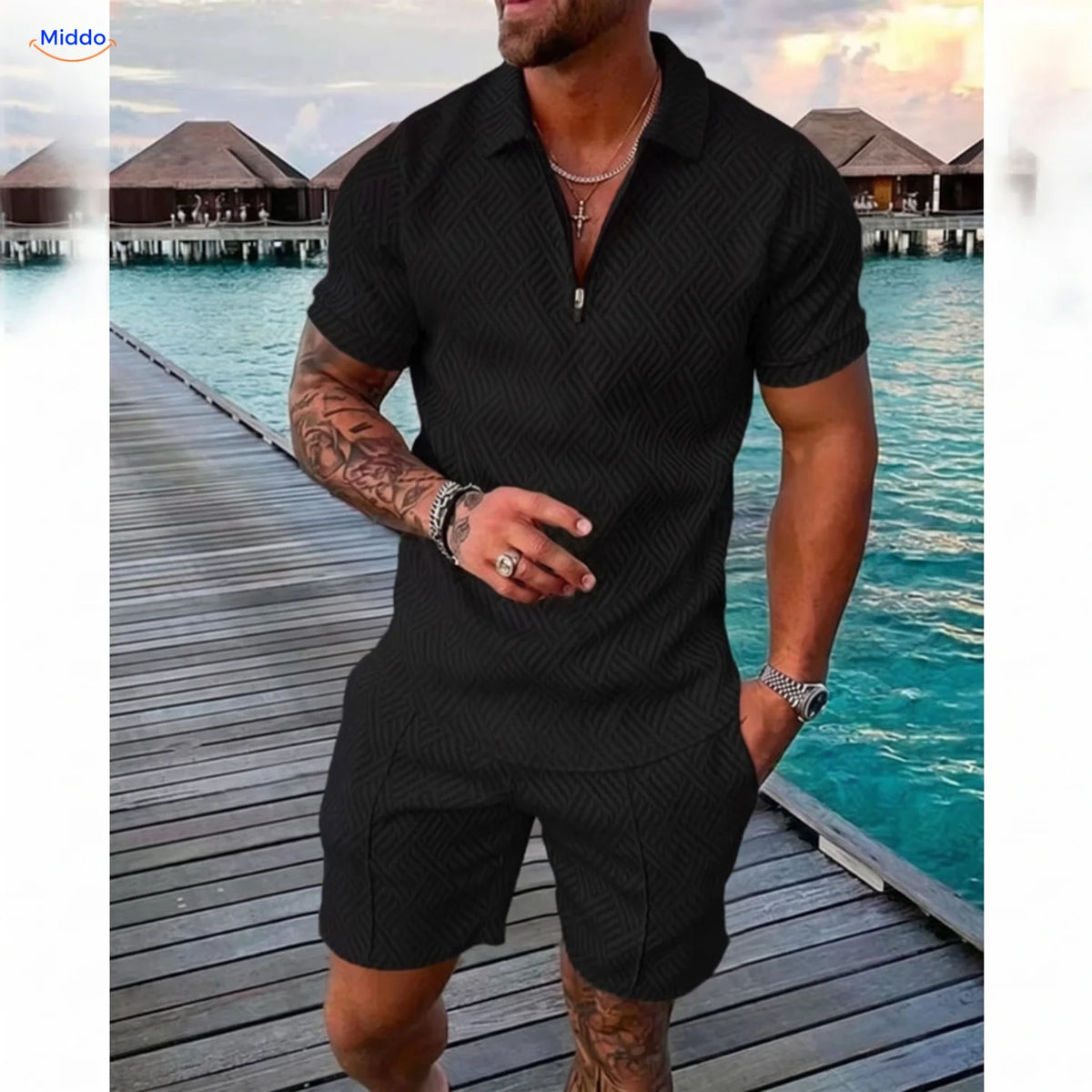Leander Sommerset Herren Poloshirt und Shorts schwarz