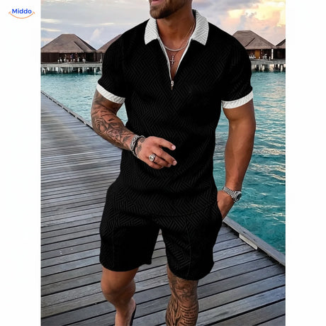 Leander Sommerset Herren Poloshirt und Shorts schwarz mit weißen rändern