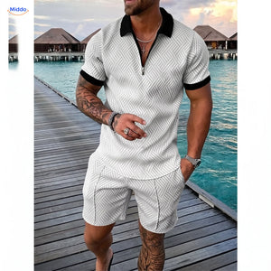Leander Sommerset Herren Poloshirt und Shorts weiß mit schwarzen rändern