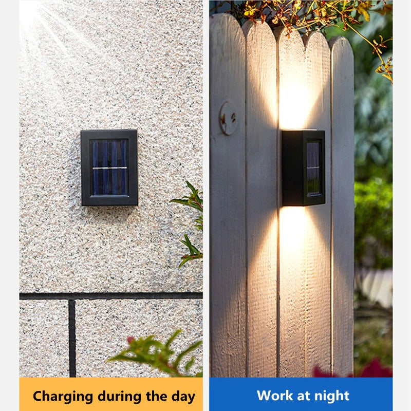 Außenlampe tagsüber aufladen und nachts arbeiten, an Wand und Zaun befestigt.