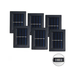 Sechs Solarpanel Außenlampen in einer Reihe auf einem weißen Hintergrund.