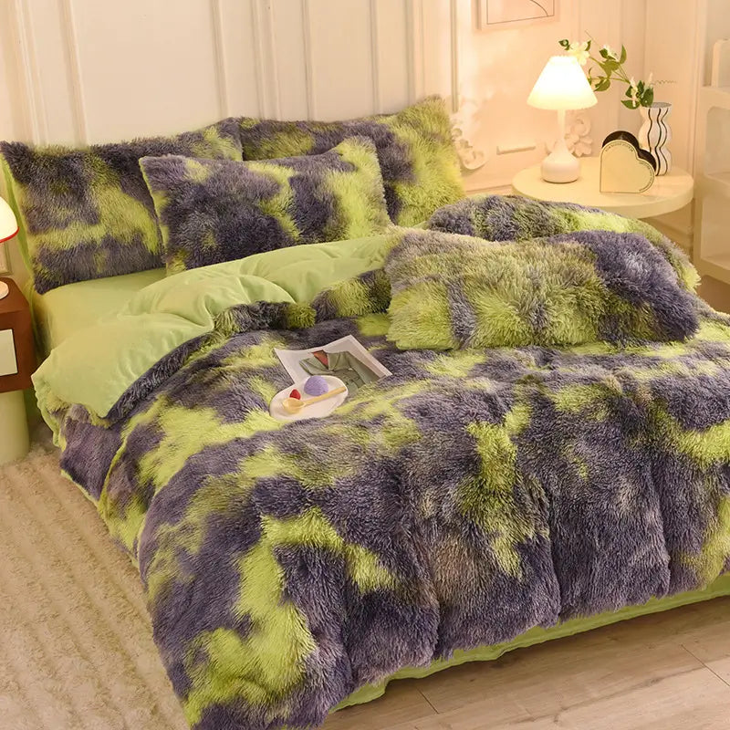 Teddy Fluffy Fleece-Bettwäsche in Limette-Violett Batik