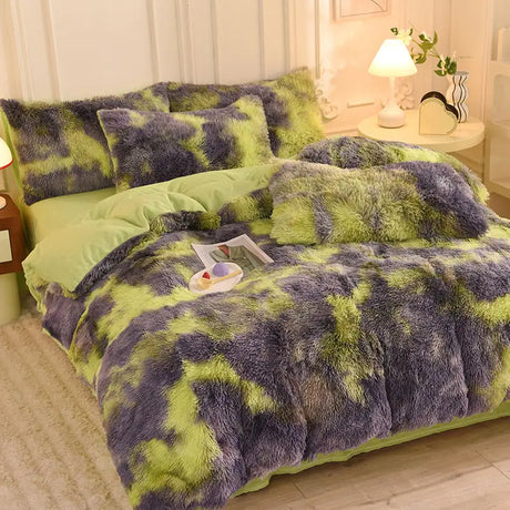 Teddy Fluffy Fleece-Bettwäsche in Limette-Violett Batik