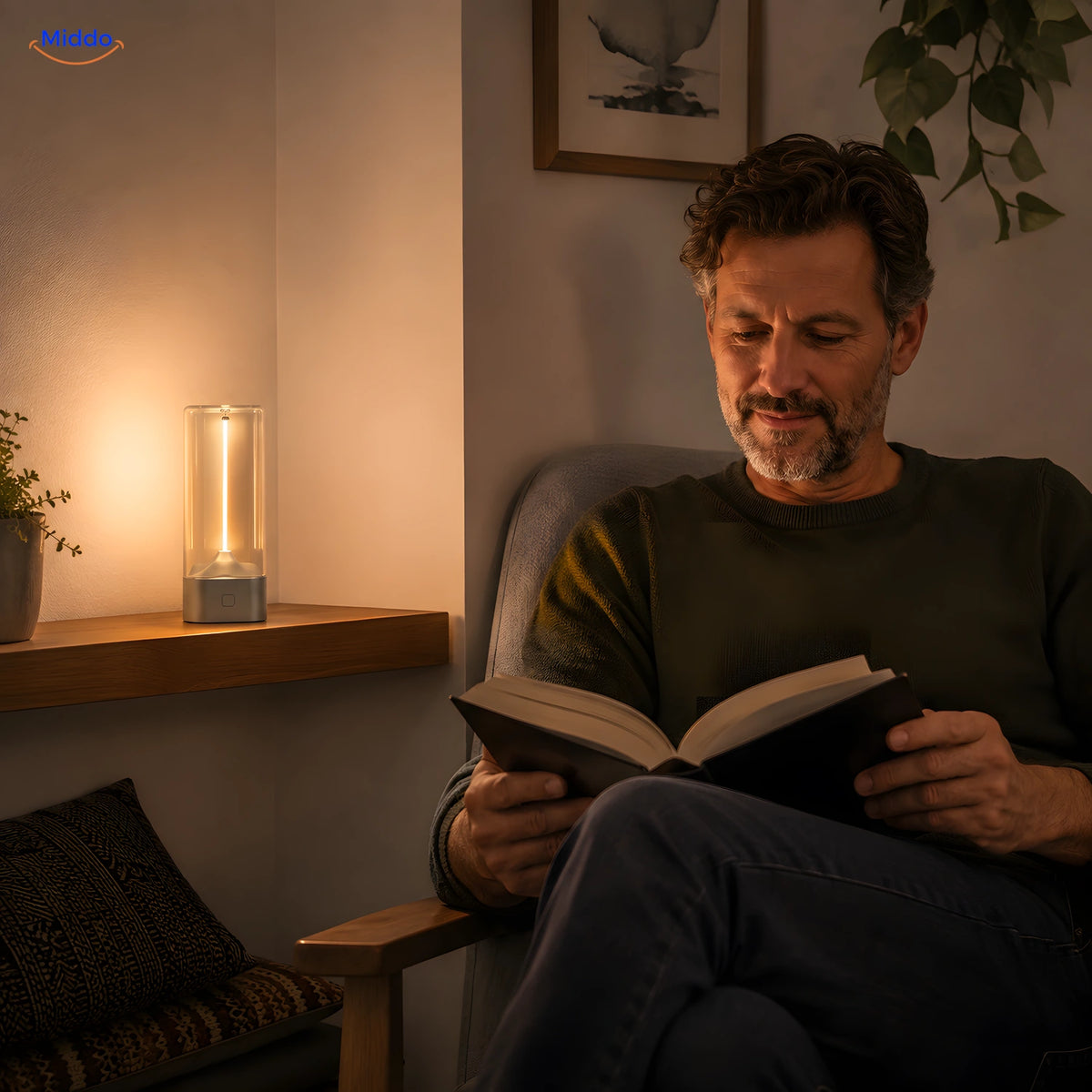 Mann um die 45 liest neben einer Luminex Kompakt Lampe middo.de