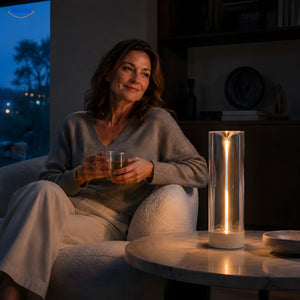 Frau um die 45 mit runder Luminex Premium Stimmungslampe im Wohnzimmer middo.de