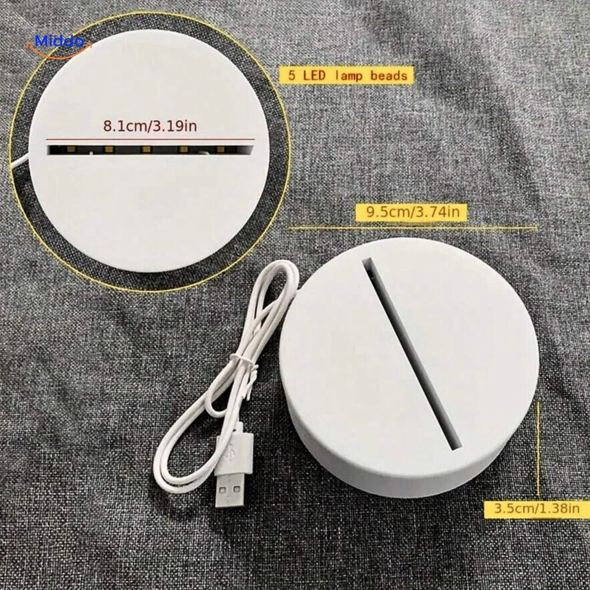 luminote Schreibtischlampe rund LED-Basis mit USB-Kabel und Maßen