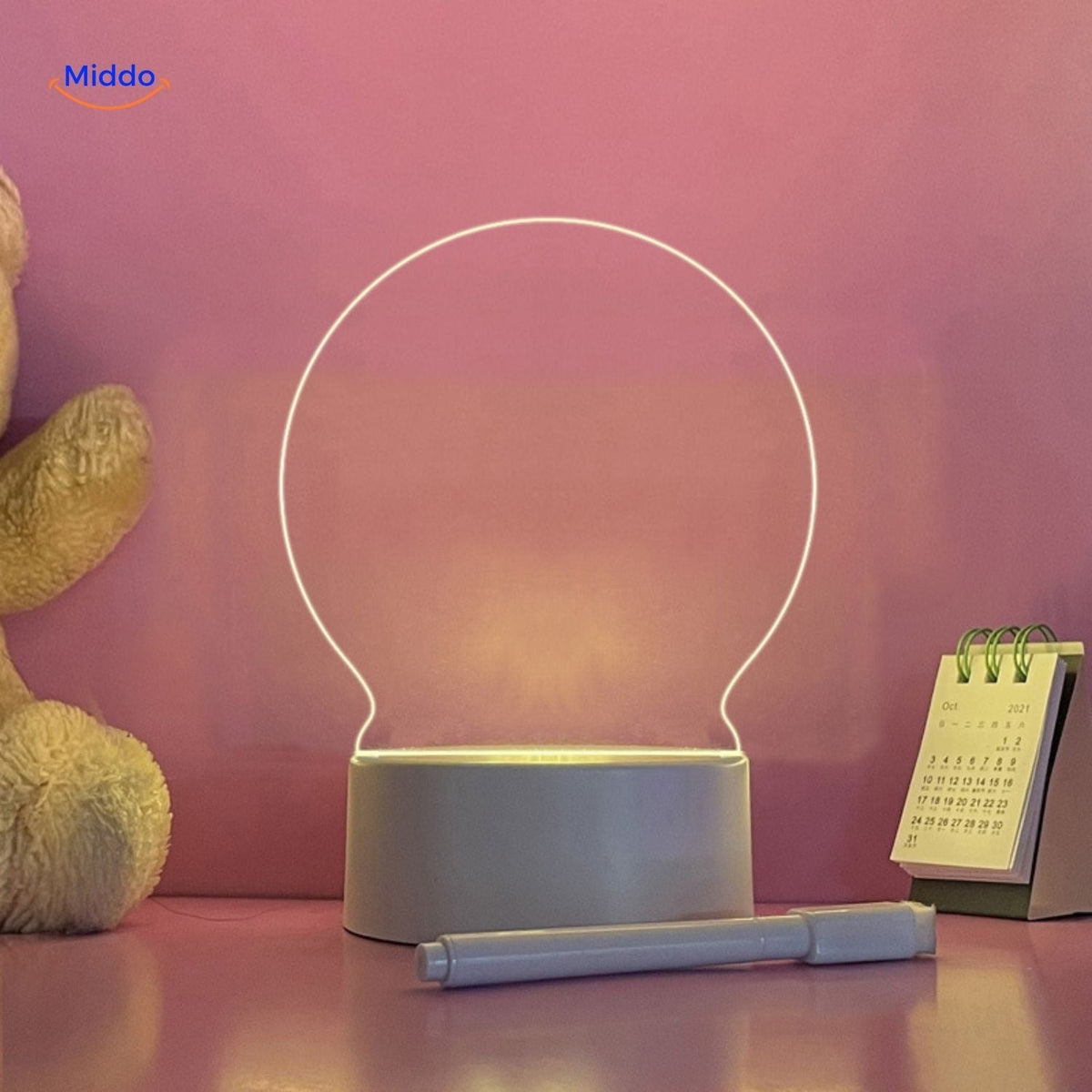 Luminote Büro-Lampe rundes Lichtpanel mit Bär und Kalender auf