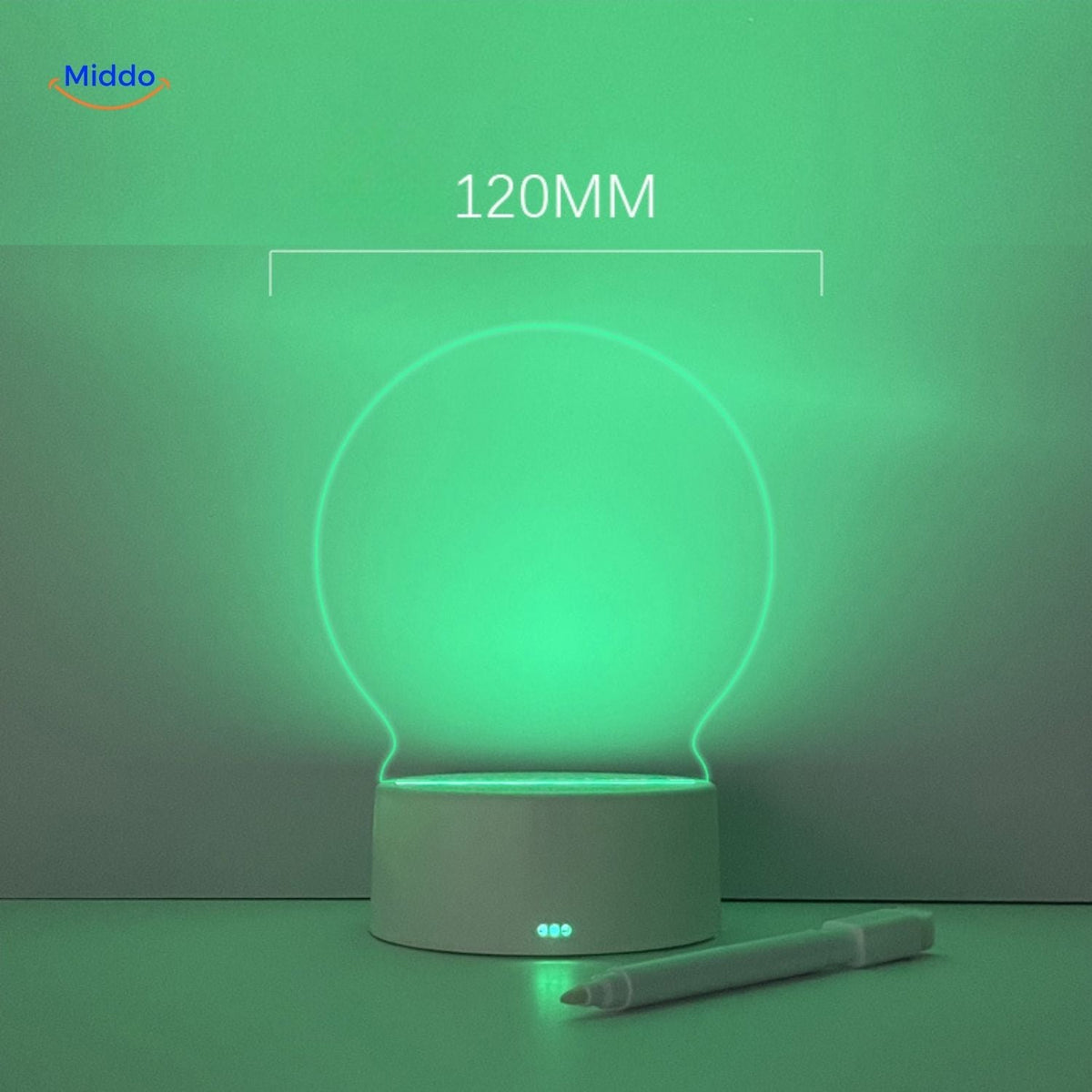 luminote Schreibtischlampe runde Maße auf grün beleuchtetem Panel