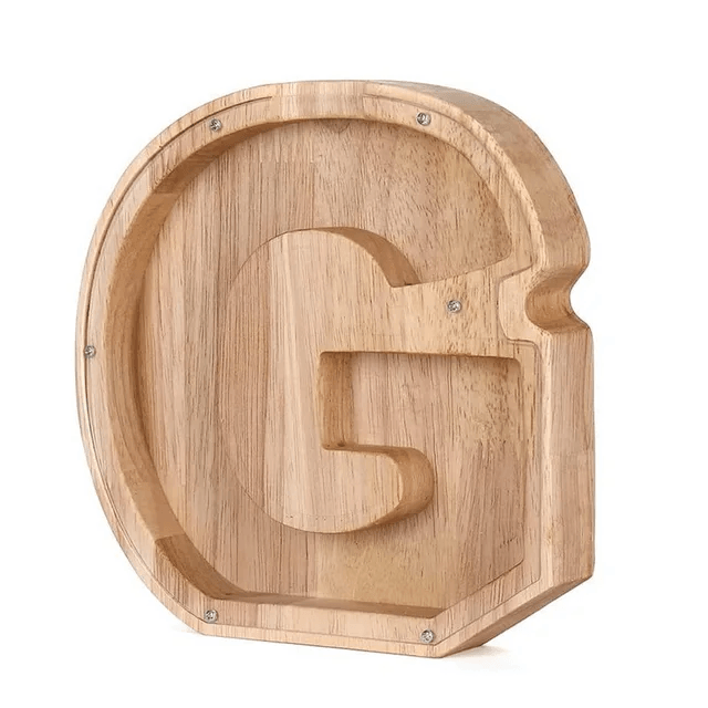 Holzspardose in Form des Buchstaben G, geeignet für Kinder.
