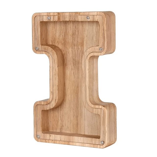 Holz-Spardose in Form des Buchstabens I, ideal für Kinder.