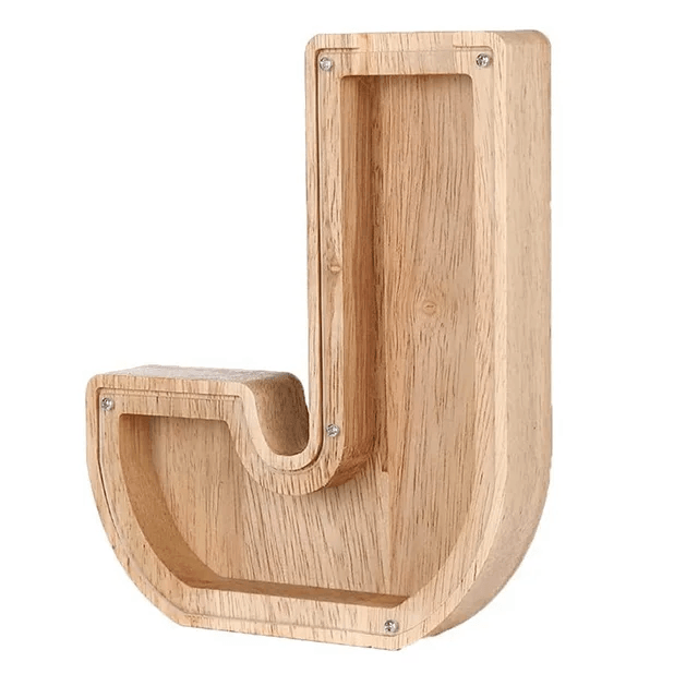 Holz-Sparschwein in Form des Buchstabens J, perfekt für das Taschengeld von Kindern.