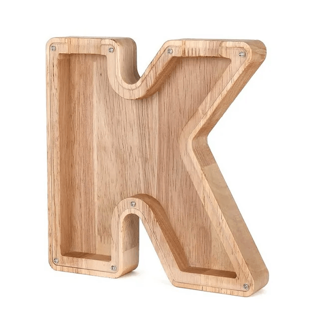 Hölzerne Spardose in Form des Buchstabens K, einzigartige Kinderspardose.