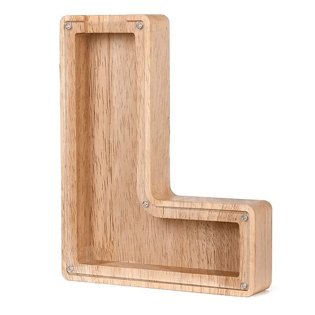 Holz-Sparkasse in Form des Buchstabens L, Spaß für Kinder.