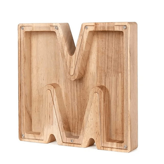 Hölzerne Sparbüchse in Form des Buchstabens M, perfekt zum Sparen.