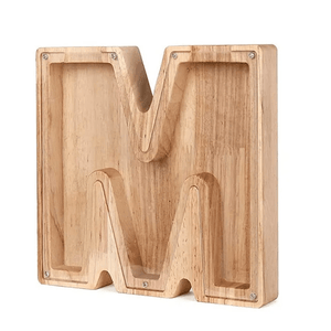 Hölzerne Sparbüchse in Form des Buchstabens M, perfekt zum Sparen