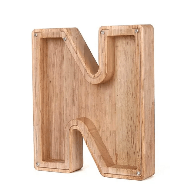 Holz-Spardose in Form des Buchstabens N, ideal für Kinder.