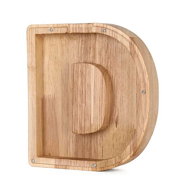 Holz-Alphabet-Spardose Buchstabe D mit integriertem Sparfach.
