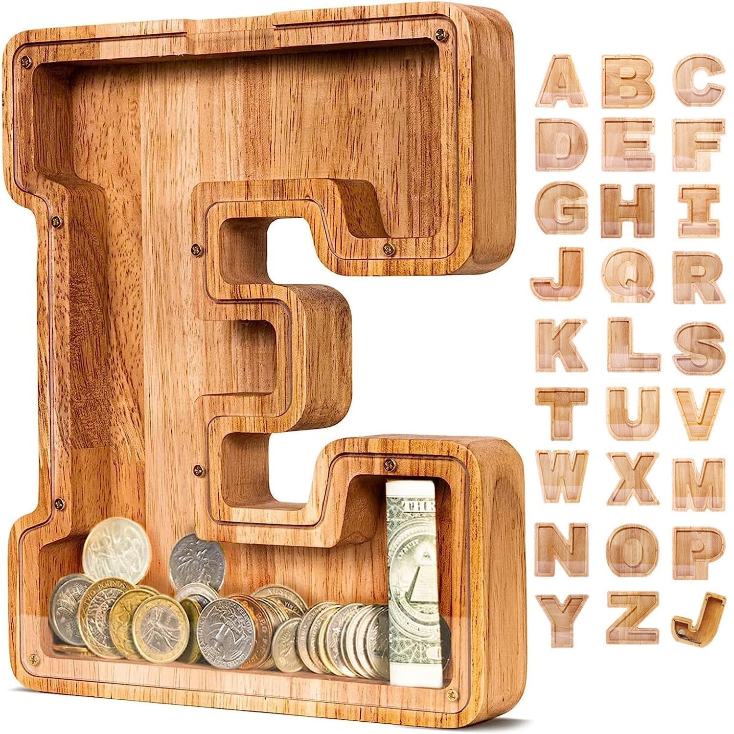 Holz Sparschwein Alphabet Buchstabe E gefüllt mit Münzen und Scheinen.