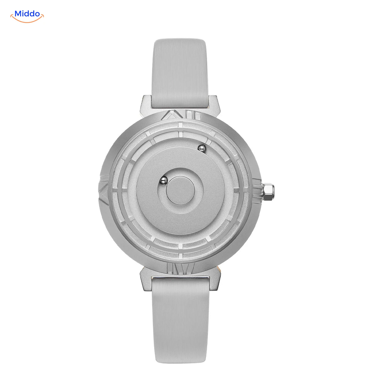 Magnetic Watch für sie in Silber mit grauem Lederband