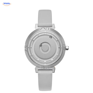 Magnetic Watch für sie in Silber mit grauem Lederband
