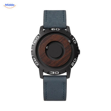 Magnetic Watch mit Holzzifferblatt und blauem Lederband