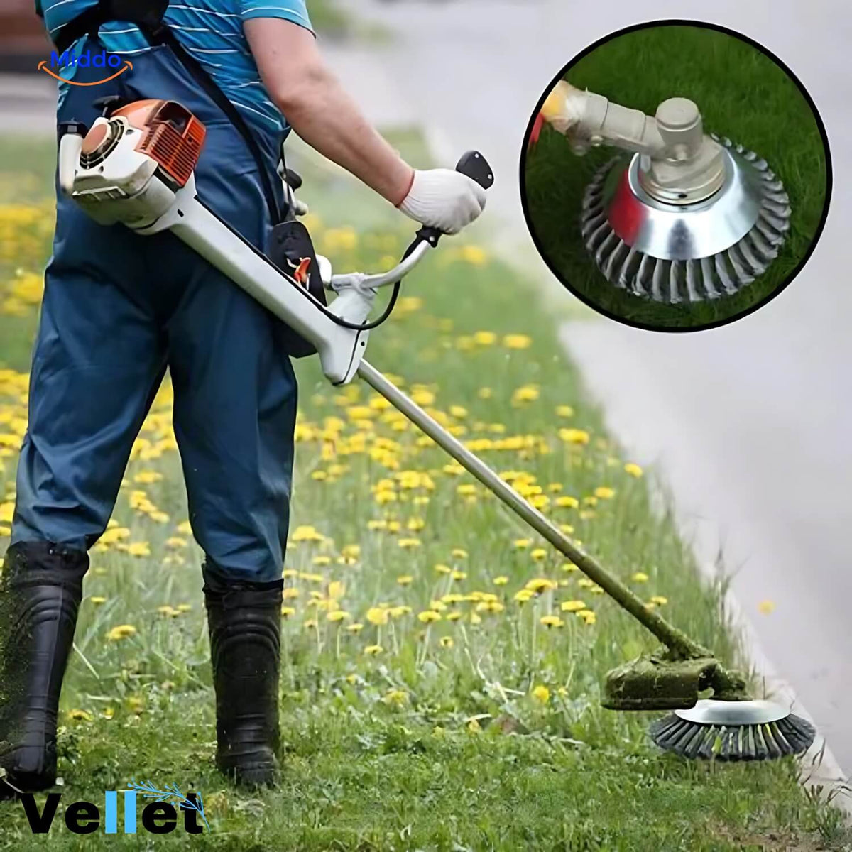 Mann macht Rasen sauber mit Weedmaster™