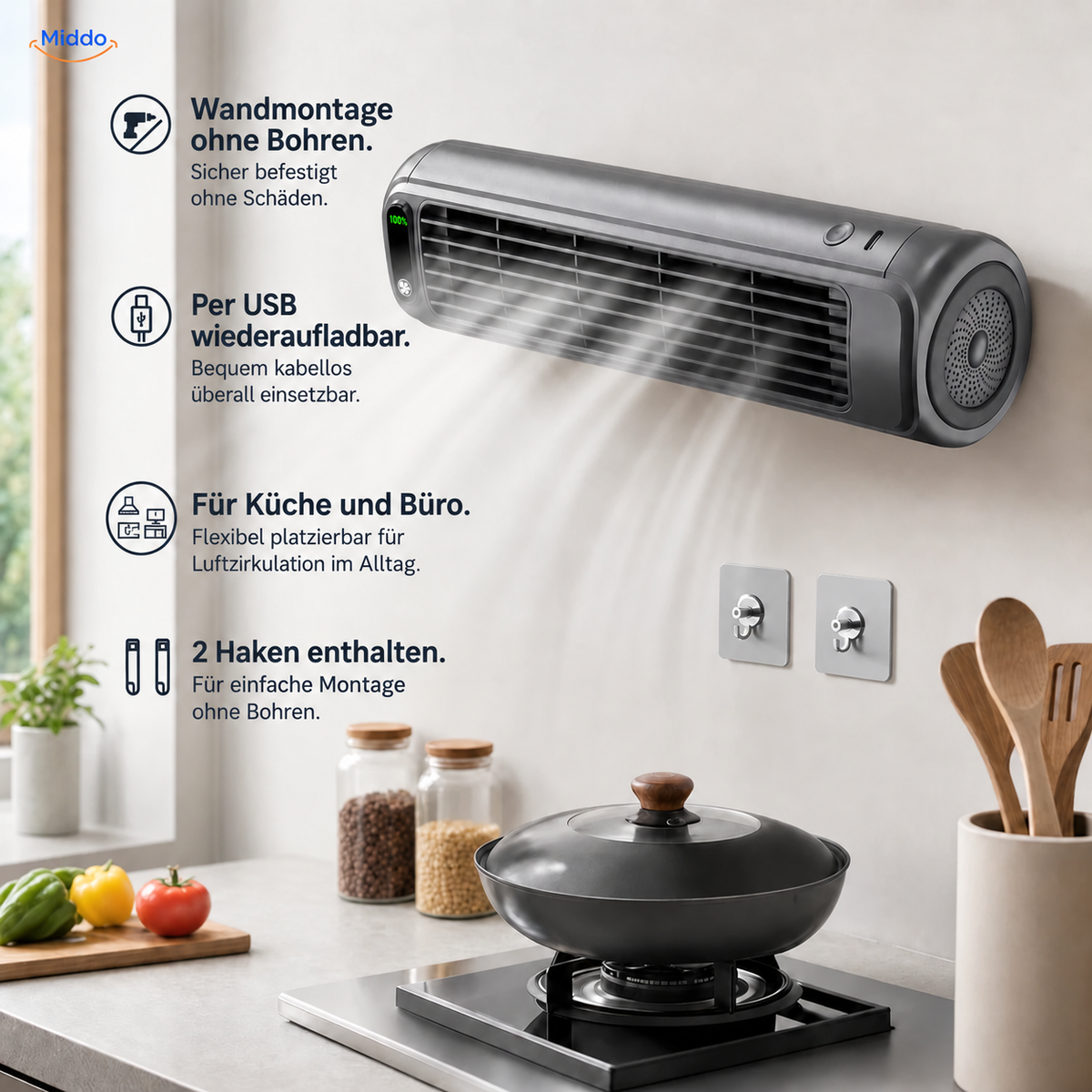 BreezeFlex aufladbarer Wandventilator: graues Modell mit Übersicht von Montage, USB-Laden und Haken.