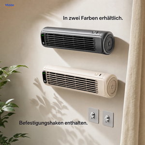 BreezeFlex aufladbarer Wandventilator: Vergleich des grauen und weißen Modells mit Wandhaken.