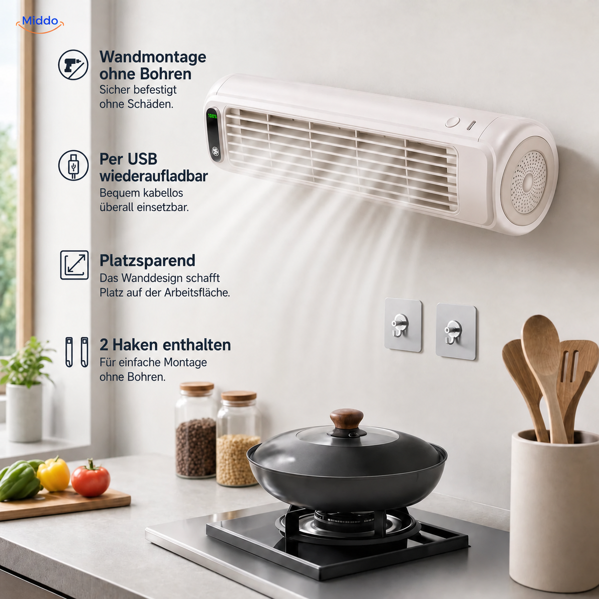 BreezeFlex aufladbarer Wandventilator: weißes Modell mit Übersicht von Montage, Platzersparnis und Haken.