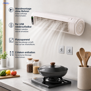BreezeFlex aufladbarer Wandventilator: weißes Modell mit Übersicht von Montage, Platzersparnis und Haken.