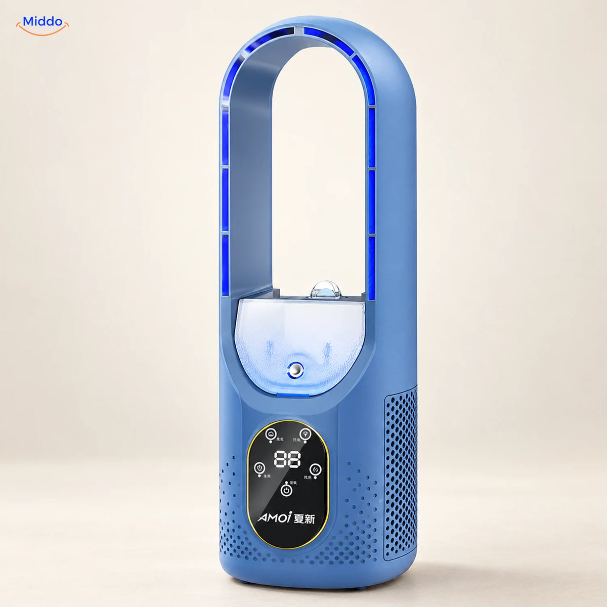 BreezeLite USB-Tischventilator: blaues Modell von vorn vor hellem Hintergrund.
