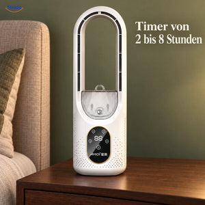 BreezeLite USB-Tischventilator: weißes Modell auf einem Nachttisch mit Timerübersicht.