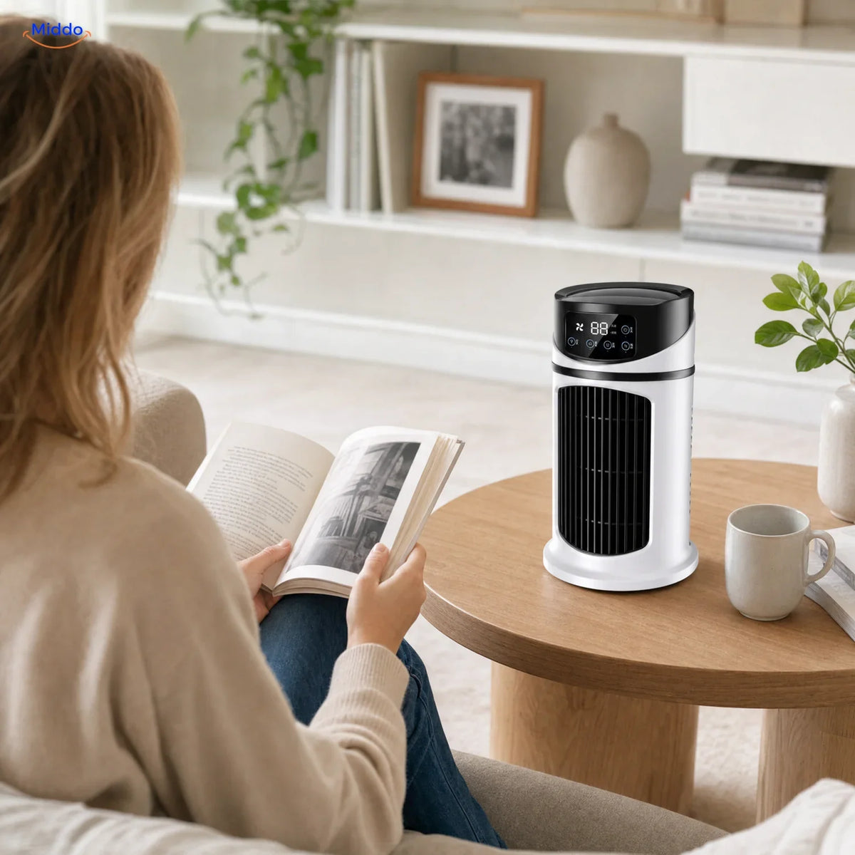 BreezeMist USB-Tischventilator mit Sprühnebel: Frau beim Lesen neben dem Ventilator.