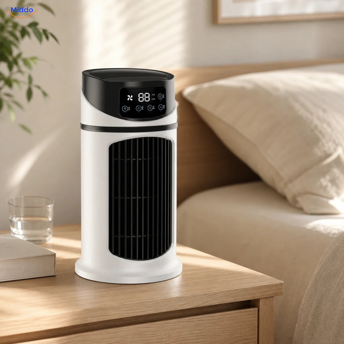 BreezeMist USB-Tischventilator mit Sprühnebel: weiß-schwarzes Modell auf einem Nachttisch.