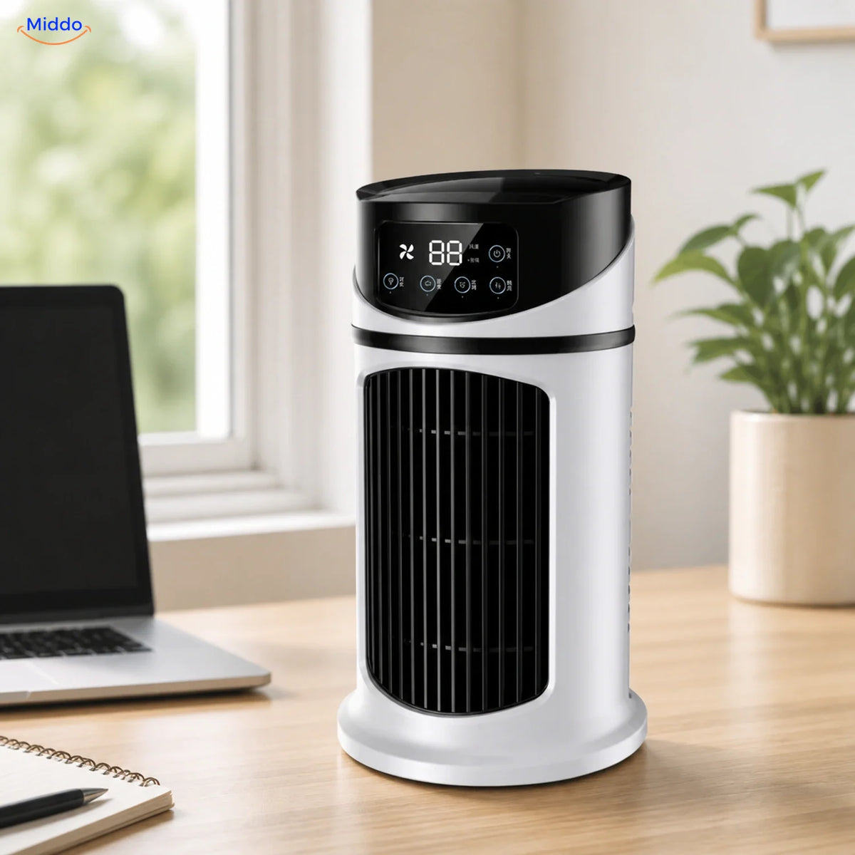 BreezeMist USB-Tischventilator mit Sprühnebel: weiß-schwarzes Modell neben einem Laptop auf dem Schreibtisch.