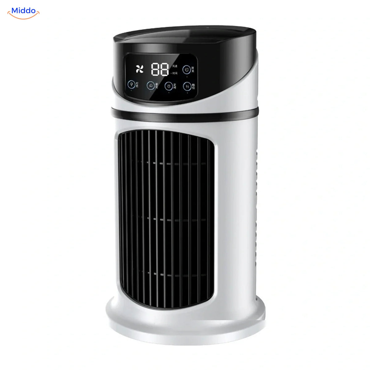 BreezeMist USB-Tischventilator mit Sprühnebel: weiß-schwarzes Modell vor weißem Hintergrund.