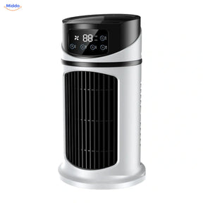 BreezeMist USB-Tischventilator mit Sprühnebel: weiß-schwarzes Modell vor weißem Hintergrund.