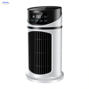 BreezeMist USB-Tischventilator mit Sprühnebel: weiß-schwarzes Modell vor weißem Hintergrund.