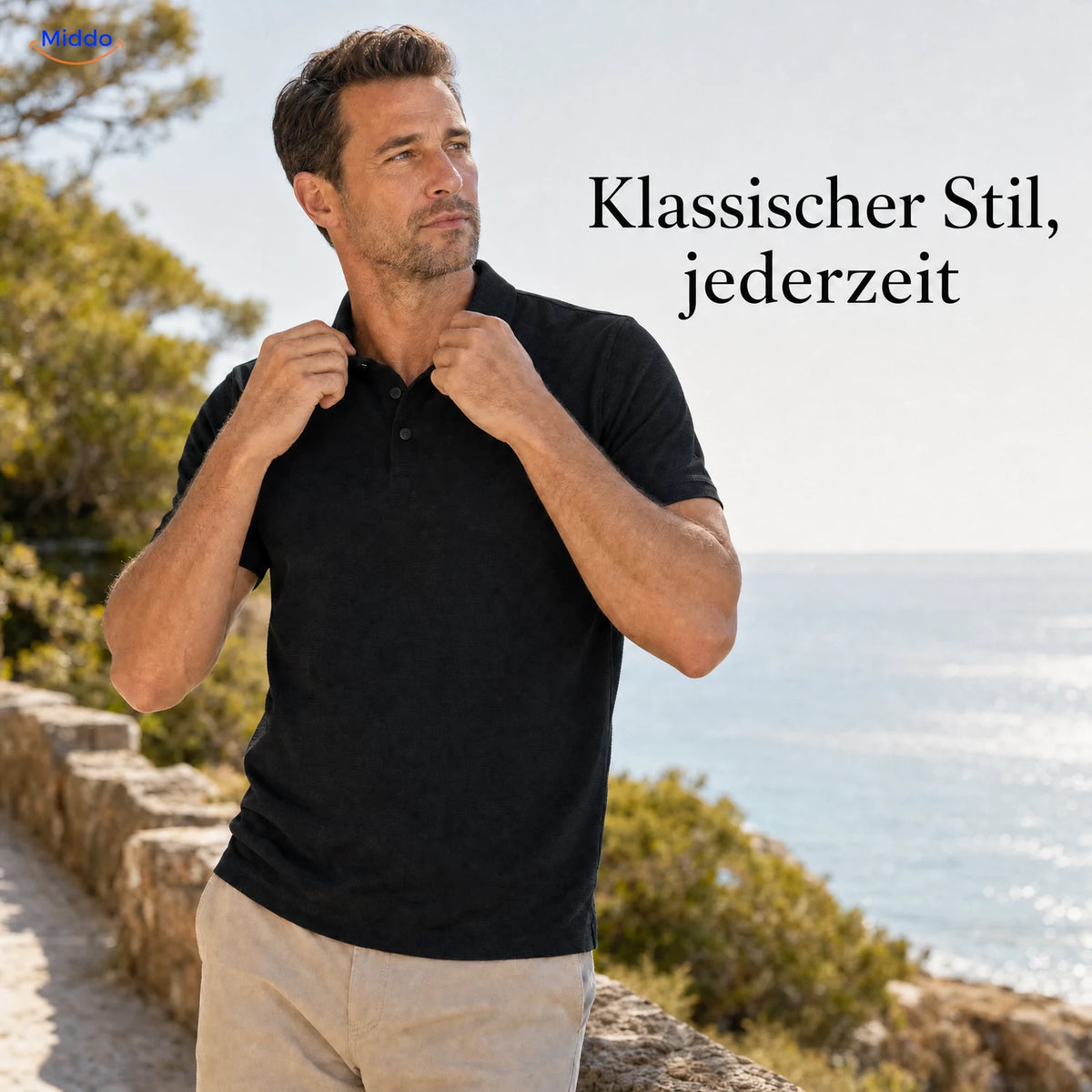 BreezeWear Herrenpolo mit kurzen Ärmeln: Mann beim Richten des Kragens seines schwarzen Polos.