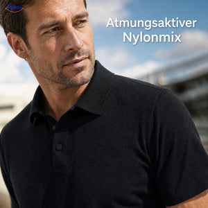 BreezeWear Herrenpolo mit kurzen Ärmeln: Nahaufnahme von schwarzem Stoff, Kragen und Knöpfen.