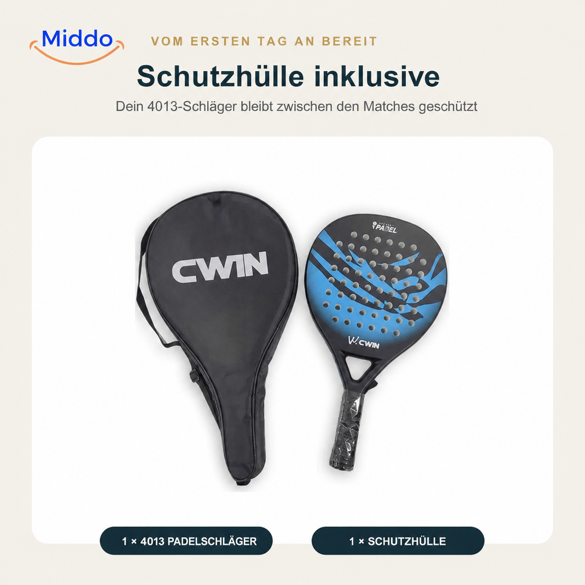 CourtControl Padelschläger: blauer Schläger mit schwarzer Schutzhülle.