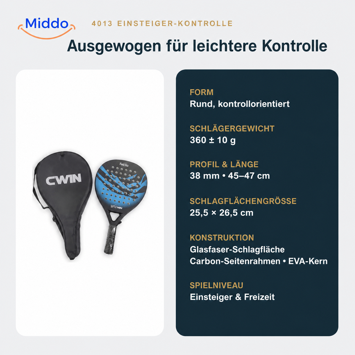 CourtControl Padelschläger: Eigenschaften und Abmessungen des runden Schlägers.