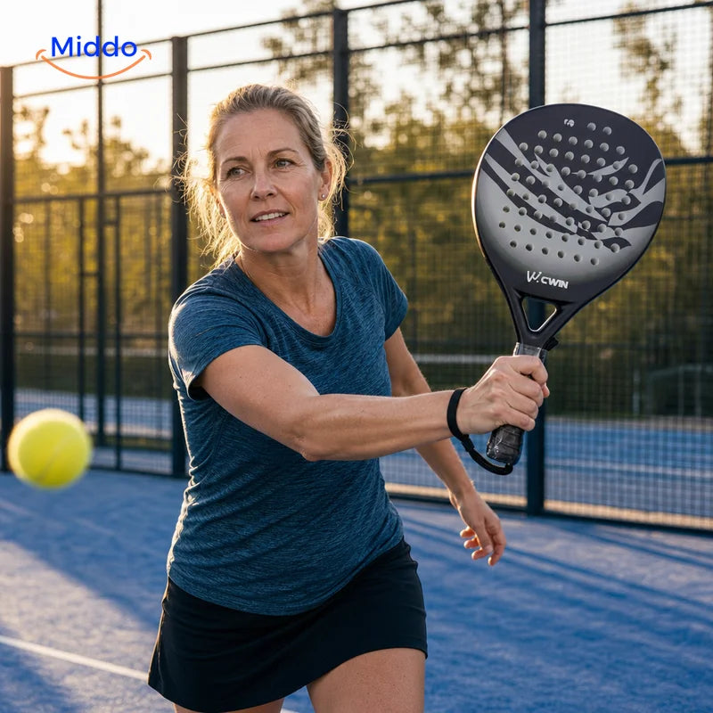 CourtControl Padelschläger: Spielerin beim Ballwechsel mit rundem Schläger.